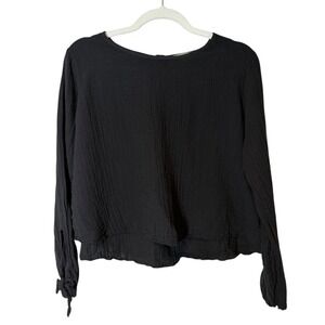 STARK X Black‎ Gauze Textured Long Sleeve Tie Cuff Casual Top Women's XS Minimal